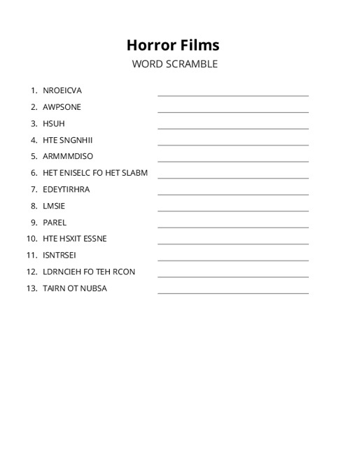 Horror Films Word Scramble Puzzle