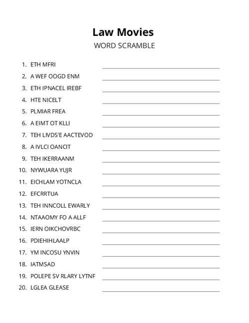 Law Movies Word Scramble Puzzle