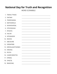 National Day for Truth and Recognition word scramble puzzle